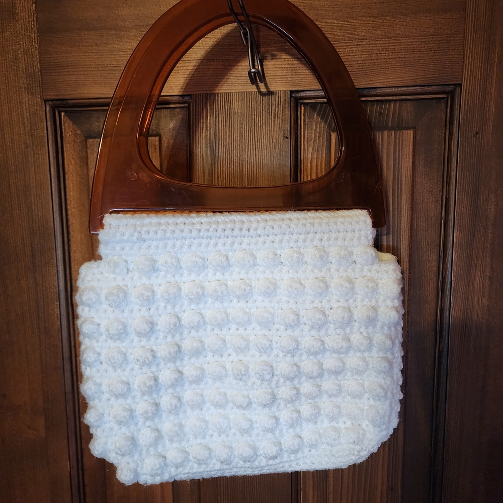 Chic White Crochet Shoulder Bag with Brown Handles